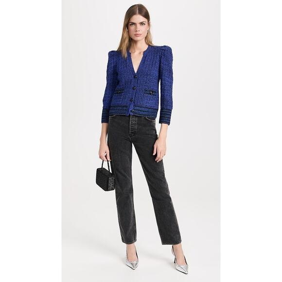 NWT L'Agence Jenni Puff-sleeve Waffle Stitch Cardigan Size M Blue #3E514 - Picture 1 of 13